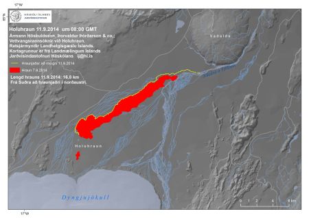 The extent of the lava, Thursday morning. The edge (yellow line) is creeping closer to mountain Vaðalda