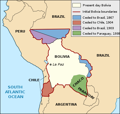 The changing shape of Bolivia, showing the loss of the coastal province of Antofagusta in 1904. (Although the transfer of territory was ratified in 1904, Antofagusta had been seized by Chile as early as 1880.) Bolivia still seeks the recovery of her coastline, and maintains a navy on Lake Titicaca. Map: Wikicommons vi Smithsonian