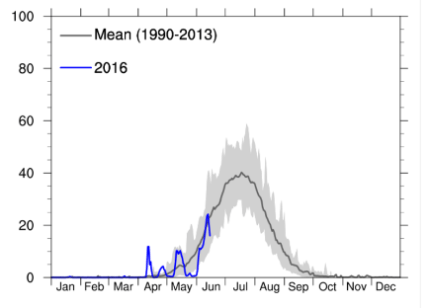 The percentage of the total area of the ice where the melting occurred from January 1 until today (in blue). For comparison the average for the period 1990-2013 is shown in the dark grey curve.